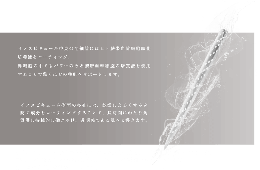 イノスピキュール中央の毛細管にはヒト臍帯血幹細胞順化培養液をコーティング。幹細胞の中でもパワーのある臍帯血幹細胞の培養液を使用することで驚くほどの整肌をサポートします。イノスピキュール側面の多孔には、乾燥によるくすみを防ぐ成分をコーティングすることで、長時間にわたり角質層に持続的に働きかけ、透明感のある肌へと導きます。