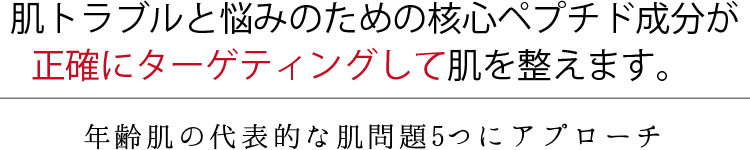 肌トラブルと悩みのための核心ペプチド成分が正確にターゲティングして肌を整えます。年齢肌の代表的な肌問題5つにアプローチ